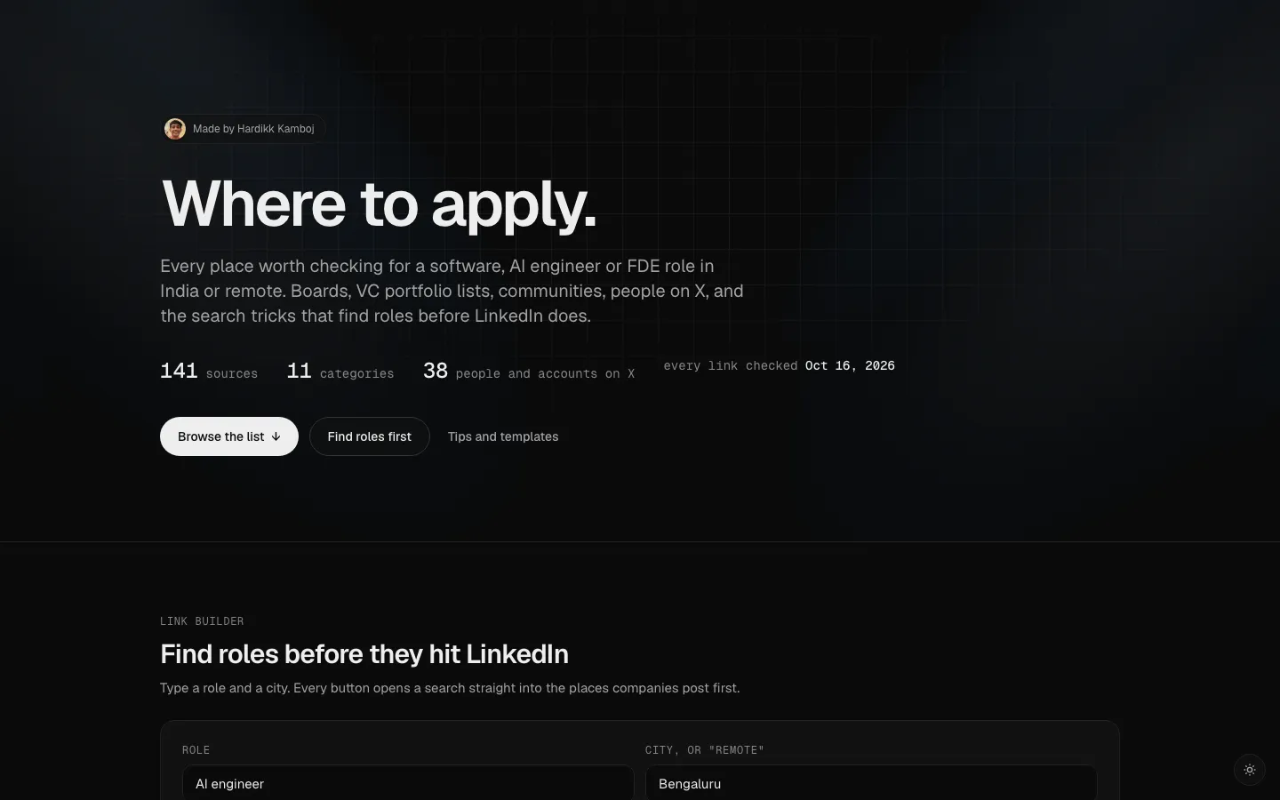 Where to Apply home page with the link builder below the headline